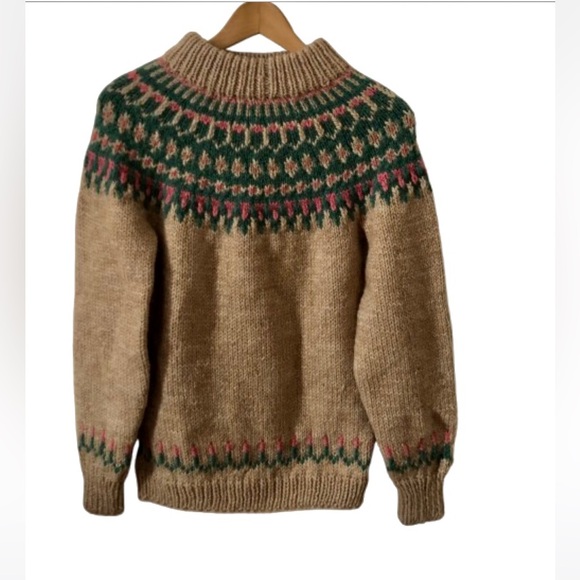 Sweaters - Hand Knit Tan Fair Isle Wool Crewneck Sweater Small